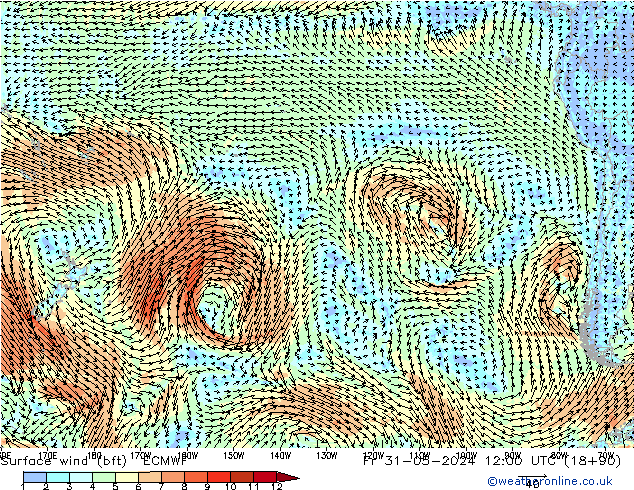 Rüzgar 10 m (bft) ECMWF Cu 31.05.2024 12 UTC