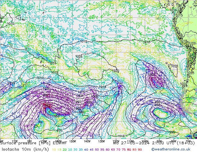 Isotachs (kph) ECMWF пн 27.05.2024 21 UTC