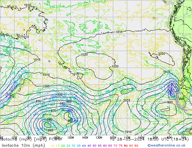 Isotachs (mph) ECMWF вт 28.05.2024 18 UTC