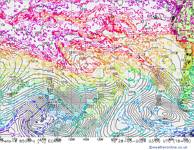 Theta-e 850hPa ECMWF mar 28.05.2024 03 UTC