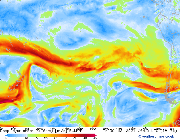 Deep layer shear (0-6km) ECMWF Per 30.05.2024 06 UTC