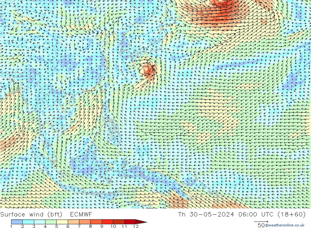 Surface wind (bft) ECMWF Th 30.05.2024 06 UTC