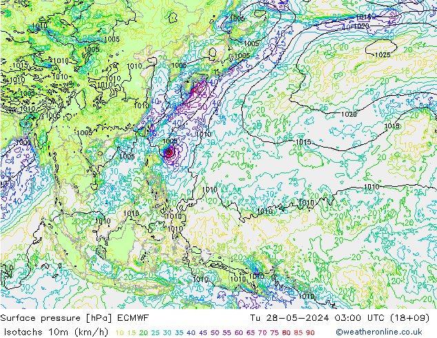 Isotachs (kph) ECMWF mar 28.05.2024 03 UTC