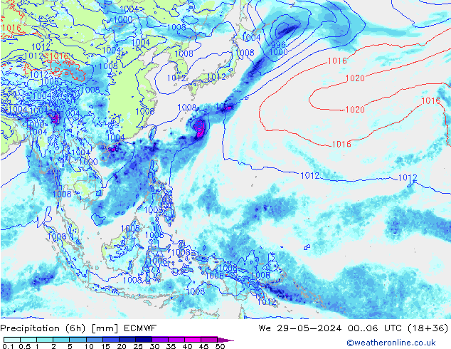 Totale neerslag (6h) ECMWF wo 29.05.2024 06 UTC