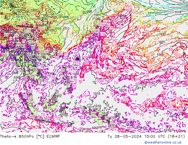 Theta-e 850hPa ECMWF Sa 28.05.2024 15 UTC