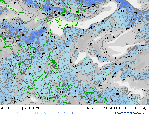 Humedad rel. 700hPa ECMWF jue 30.05.2024 00 UTC