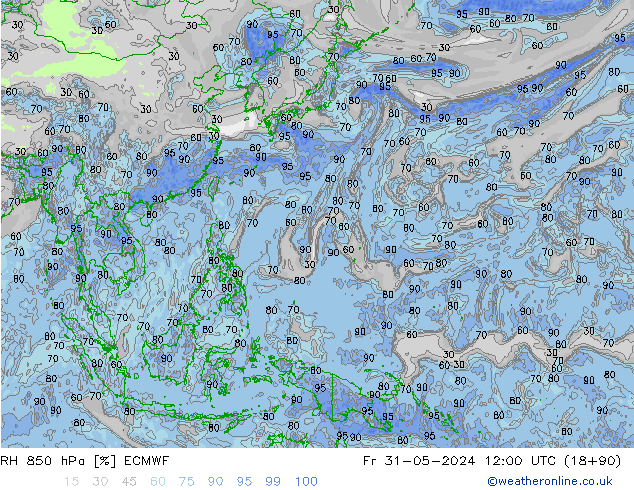 RH 850 hPa ECMWF Pá 31.05.2024 12 UTC