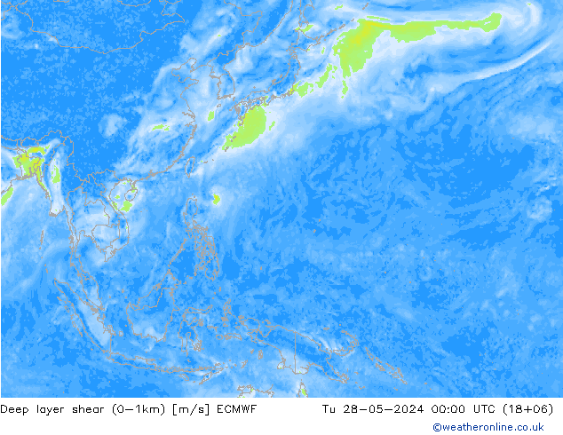 Deep layer shear (0-1km) ECMWF Sa 28.05.2024 00 UTC