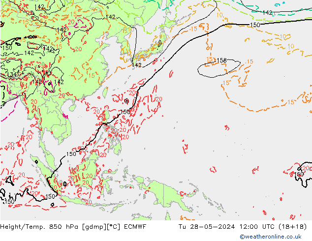 Height/Temp. 850 hPa ECMWF Tu 28.05.2024 12 UTC