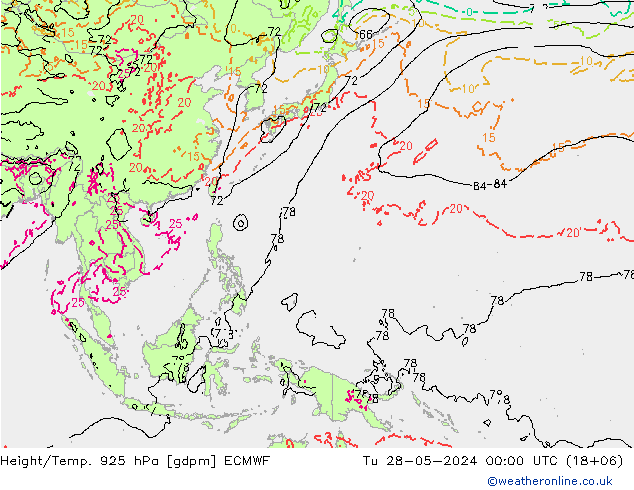 Height/Temp. 925 hPa ECMWF Út 28.05.2024 00 UTC