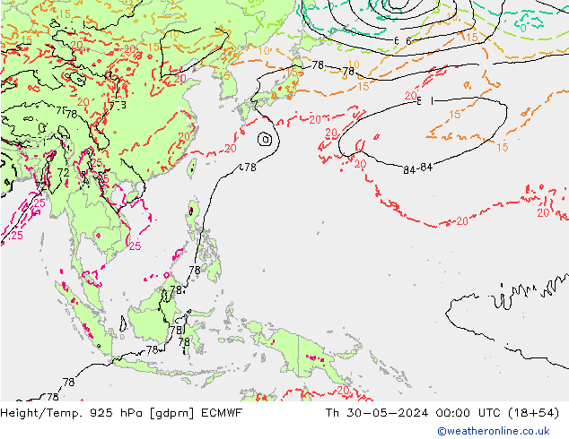 Height/Temp. 925 hPa ECMWF Čt 30.05.2024 00 UTC