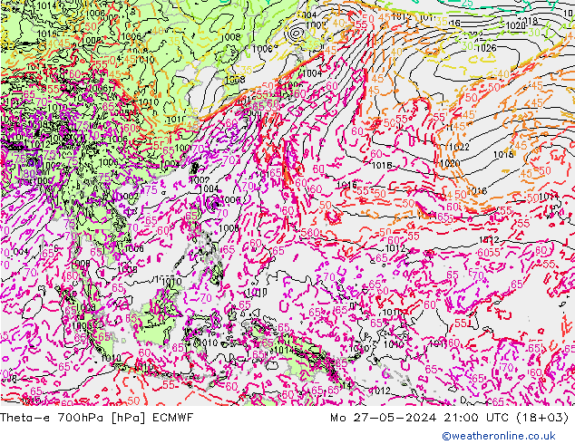 Theta-e 700hPa ECMWF Po 27.05.2024 21 UTC