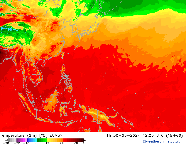 Temperatura (2m) ECMWF Qui 30.05.2024 12 UTC