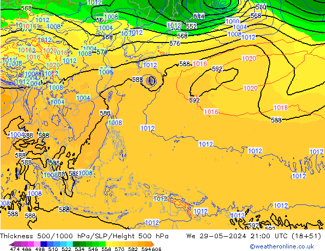 Dikte 500-1000hPa ECMWF wo 29.05.2024 21 UTC