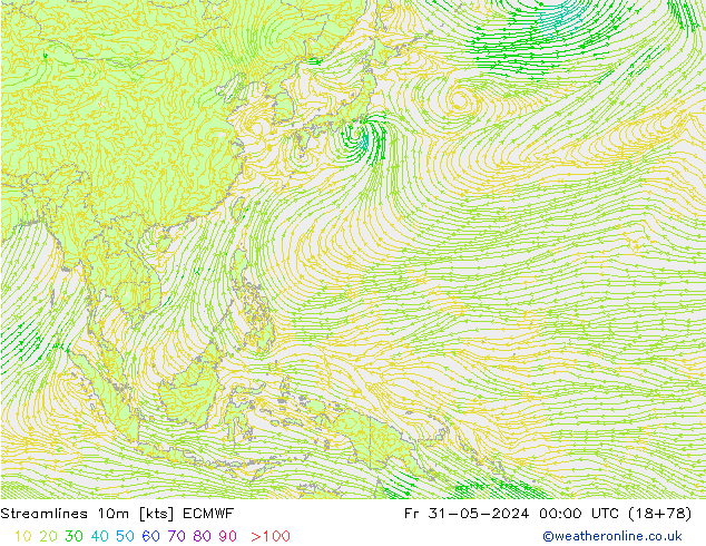 Streamlines 10m ECMWF Pá 31.05.2024 00 UTC