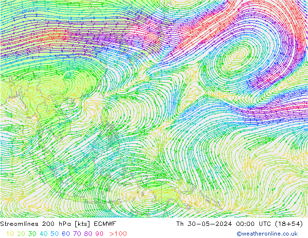 Linea di flusso 200 hPa ECMWF gio 30.05.2024 00 UTC