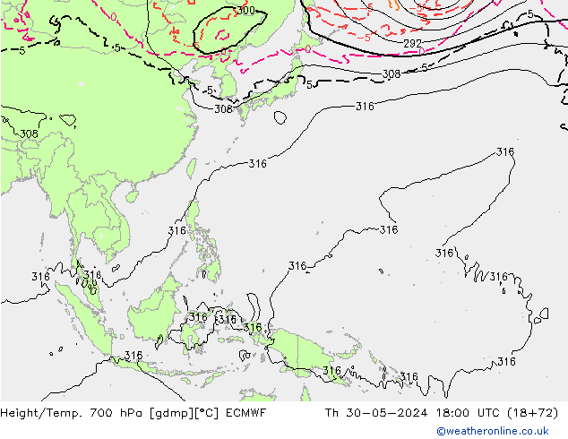 Height/Temp. 700 hPa ECMWF Th 30.05.2024 18 UTC