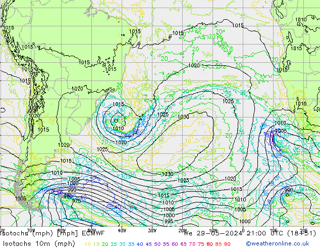 Isotachs (mph) ECMWF We 29.05.2024 21 UTC