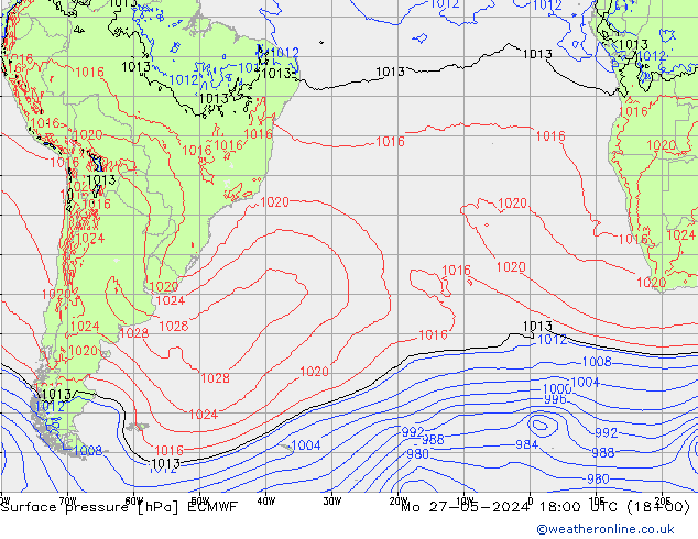 Pressione al suolo ECMWF lun 27.05.2024 18 UTC