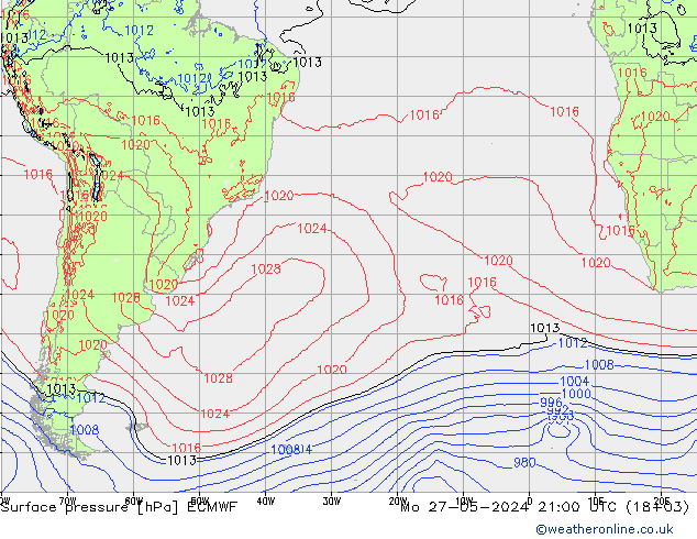 Presión superficial ECMWF lun 27.05.2024 21 UTC