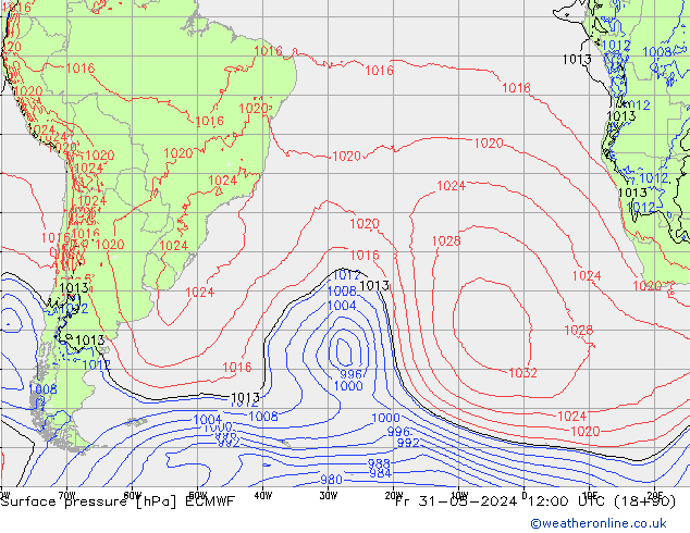 Presión superficial ECMWF vie 31.05.2024 12 UTC