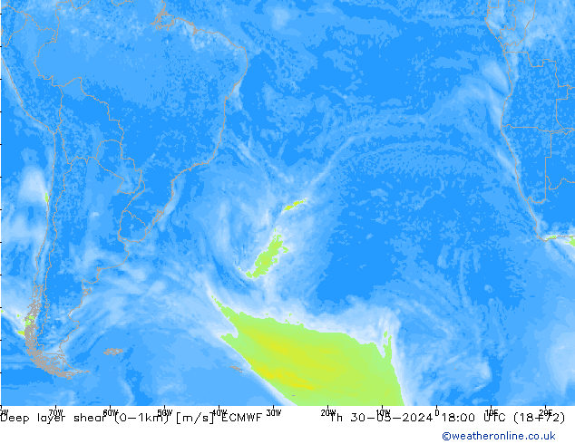 Deep layer shear (0-1km) ECMWF Čt 30.05.2024 18 UTC