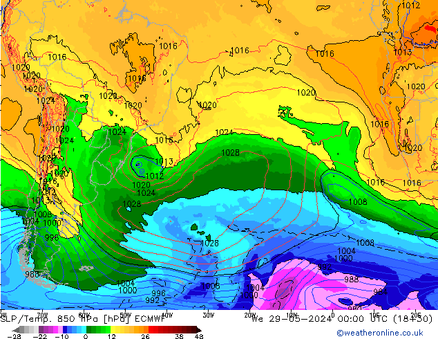 SLP/Temp. 850 гПа ECMWF ср 29.05.2024 00 UTC