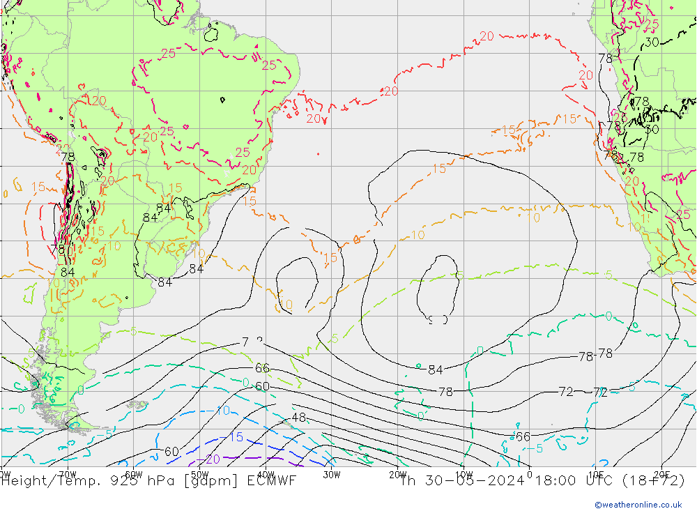 Height/Temp. 925 hPa ECMWF Čt 30.05.2024 18 UTC
