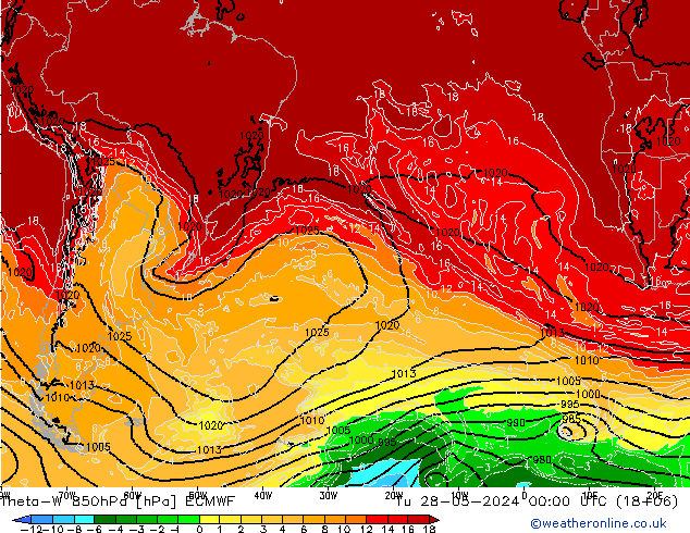 Theta-W 850hPa ECMWF Út 28.05.2024 00 UTC