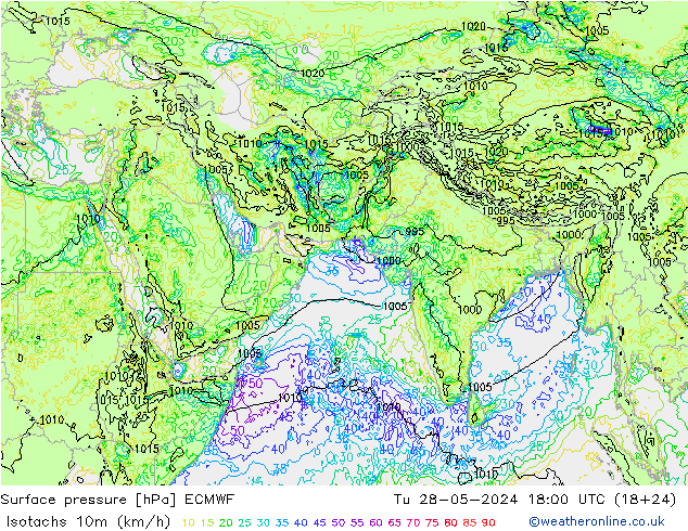 Izotacha (km/godz) ECMWF wto. 28.05.2024 18 UTC