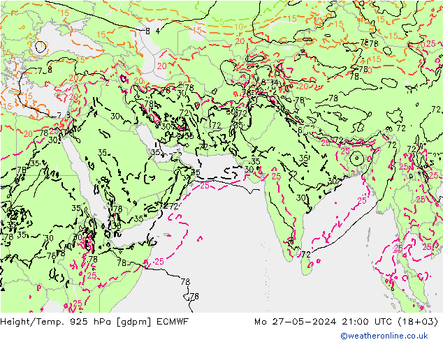 Height/Temp. 925 hPa ECMWF pon. 27.05.2024 21 UTC
