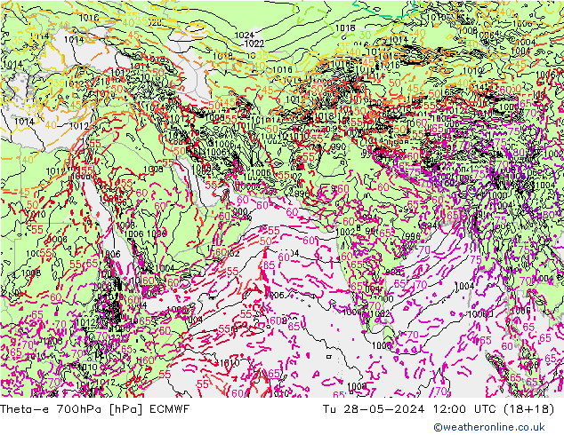 Theta-e 700hPa ECMWF Sa 28.05.2024 12 UTC