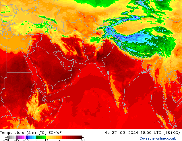 карта температуры ECMWF пн 27.05.2024 18 UTC