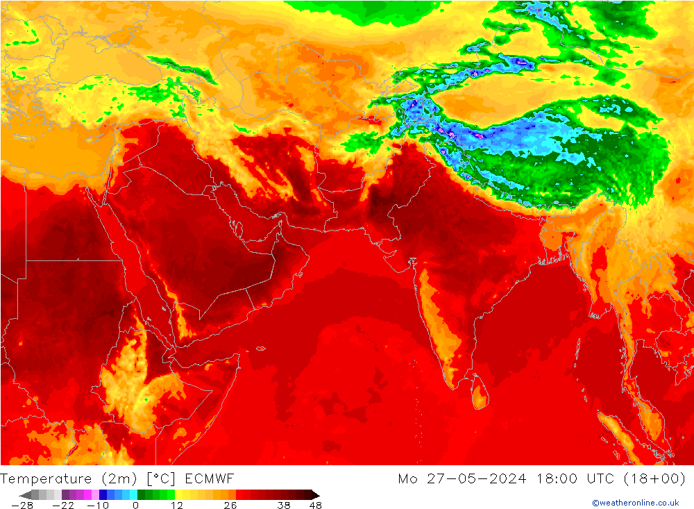 mapa temperatury (2m) ECMWF pon. 27.05.2024 18 UTC