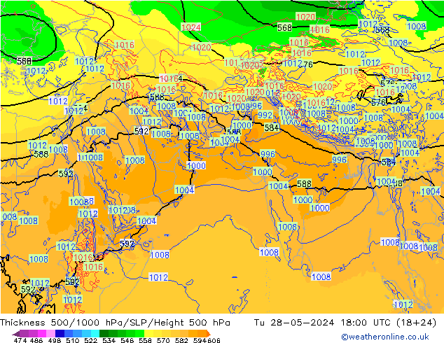 Thck 500-1000hPa ECMWF Tu 28.05.2024 18 UTC