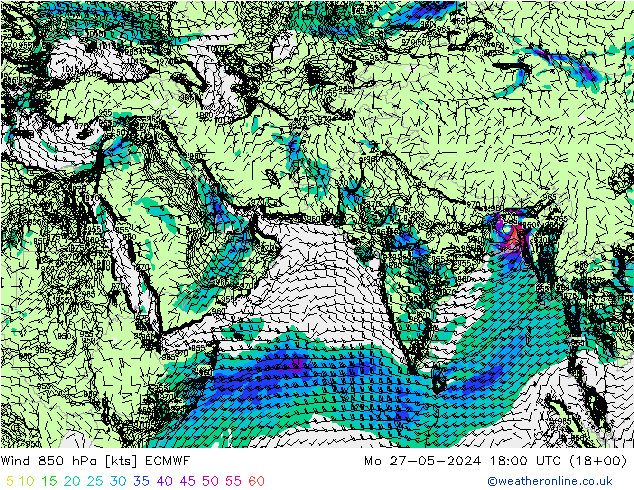 wiatr 850 hPa ECMWF pon. 27.05.2024 18 UTC