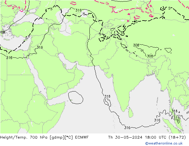 Height/Temp. 700 hPa ECMWF czw. 30.05.2024 18 UTC