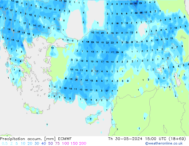 Precipitation accum. ECMWF czw. 30.05.2024 15 UTC