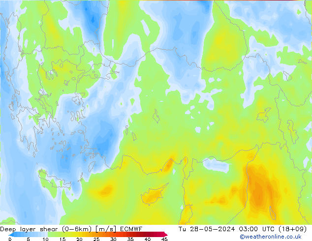 Deep layer shear (0-6km) ECMWF  28.05.2024 03 UTC