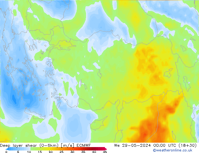 Deep layer shear (0-6km) ECMWF Qua 29.05.2024 00 UTC