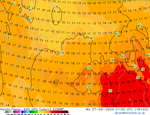 Height/Temp. 925 hPa ECMWF Po 27.05.2024 21 UTC