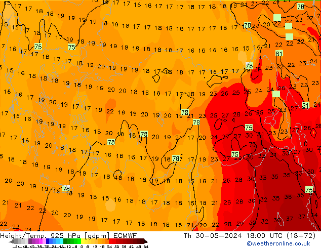 Height/Temp. 925 hPa ECMWF Th 30.05.2024 18 UTC