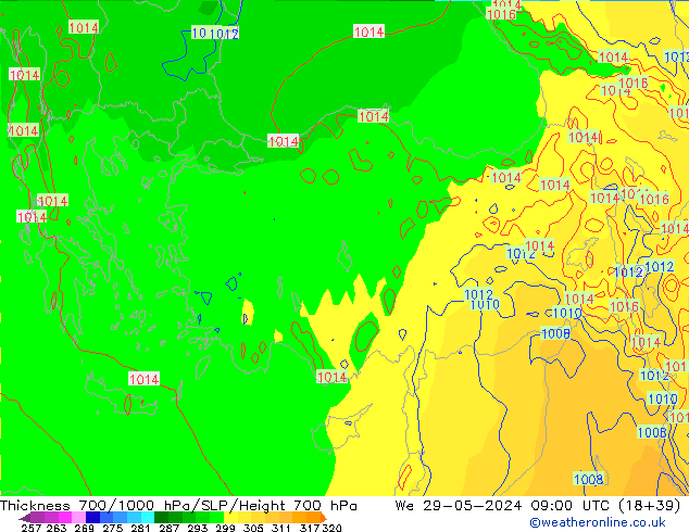 Thck 700-1000 hPa ECMWF mer 29.05.2024 09 UTC