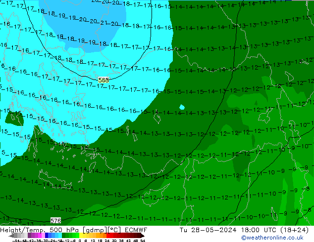 Z500/Rain (+SLP)/Z850 ECMWF Út 28.05.2024 18 UTC