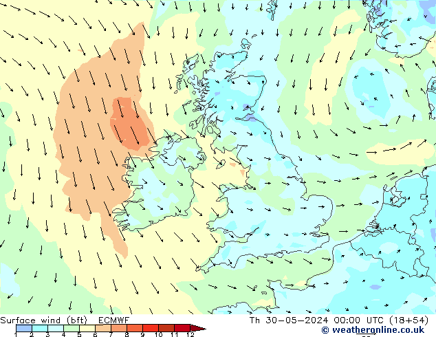 Bodenwind (bft) ECMWF Do 30.05.2024 00 UTC