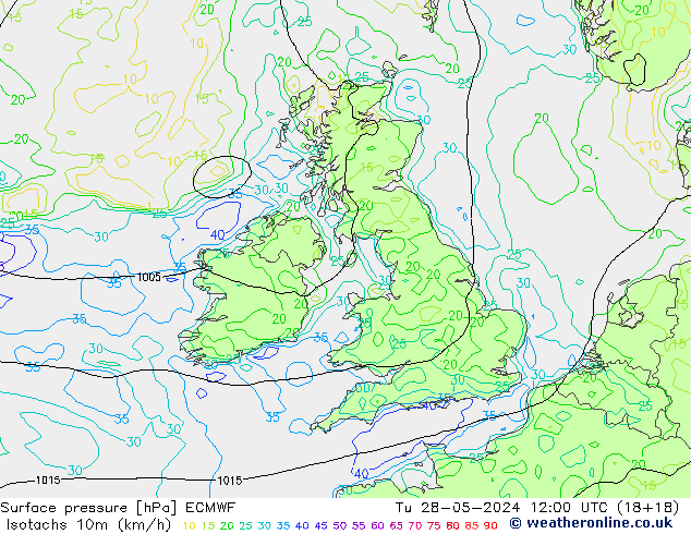 Isotachs (kph) ECMWF Út 28.05.2024 12 UTC