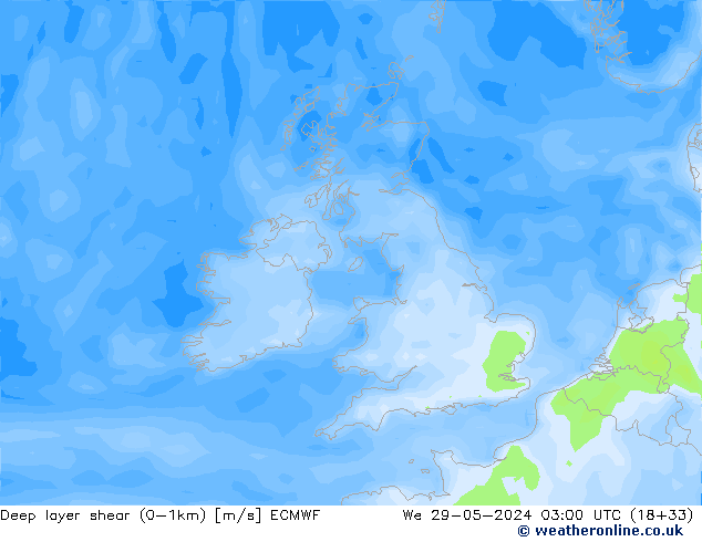 Deep layer shear (0-1km) ECMWF mer 29.05.2024 03 UTC