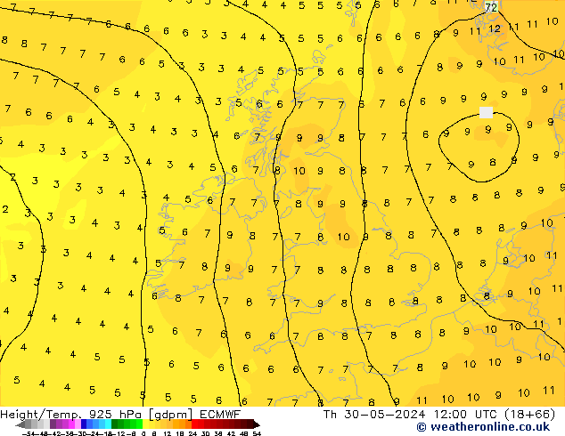 Height/Temp. 925 hPa ECMWF Do 30.05.2024 12 UTC