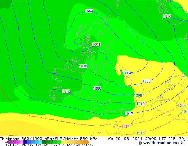 Thck 850-1000 hPa ECMWF Qua 29.05.2024 00 UTC