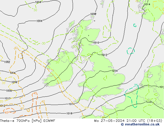 Theta-e 700hPa ECMWF Mo 27.05.2024 21 UTC